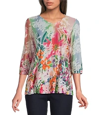 Ali Miles Petite Size Burnout Knit Tropical Print V-Neck 3/4 Sleeve Top