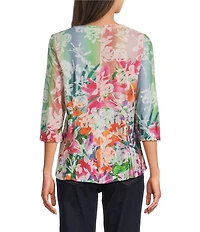 Ali Miles Petite Size Burnout Knit Tropical Print V-Neck 3/4 Sleeve Top