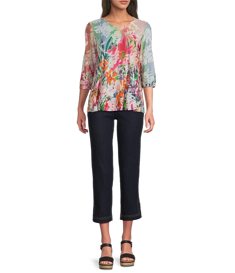 Ali Miles Petite Size Burnout Knit Tropical Print V-Neck 3/4 Sleeve Top