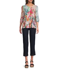 Ali Miles Petite Size Burnout Knit Tropical Print V-Neck 3/4 Sleeve Top