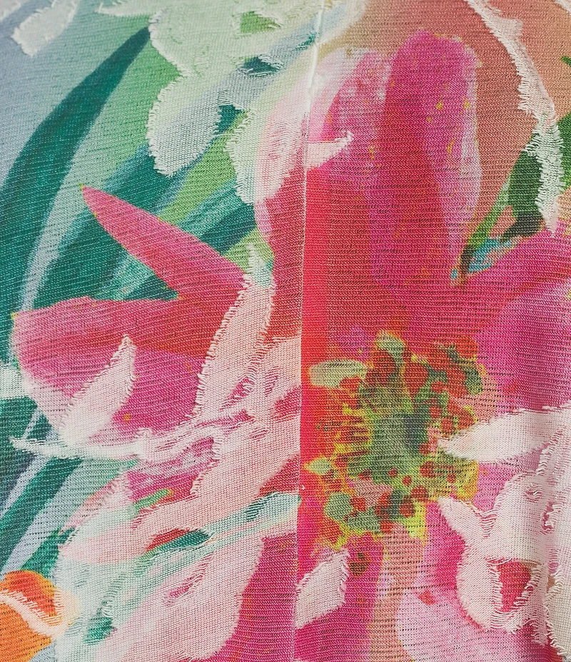 Ali Miles Petite Size Burnout Knit Tropical Print V-Neck 3/4 Sleeve Top