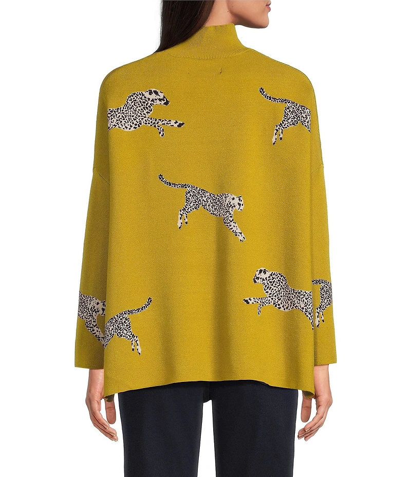 Ali Miles Petite Size Cheetah Jacquard Print Mock Neck Long Sleeve Popover Sweater