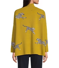 Ali Miles Petite Size Cheetah Jacquard Print Mock Neck Long Sleeve Popover Sweater