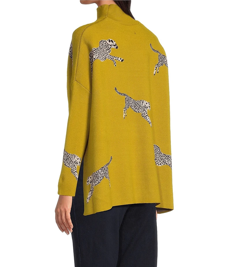 Ali Miles Petite Size Cheetah Jacquard Print Mock Neck Long Sleeve Popover Sweater
