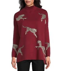 Ali Miles Petite Size Cheetah Jacquard Print Mock Neck Long Sleeve Popover Sweater