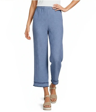 Ali Miles Petite Size Coordinating Embroidered Frayed Hem Pull-On Straight Leg Pants