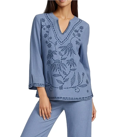 Ali Miles Petite Size Coordinating Floral Leaf Embroidered V-Neck 3/4 Split Sleeve Tunic