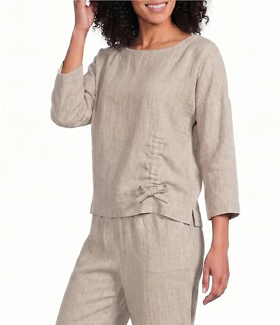 Ali Miles Petite Size Coordinating Round Neck 3/4 Sleeve Cinched Tie Front Hem Top