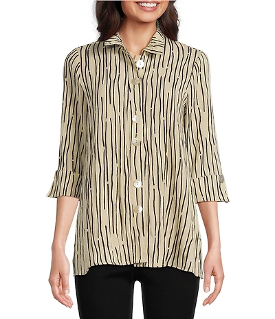 Ali Miles Petite Size Crinkle Woven Abstract Stripe Wire Collar 3/4 Sleeve Button Front Tunic