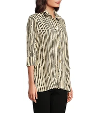 Ali Miles Petite Size Crinkle Woven Abstract Stripe Wire Collar 3/4 Sleeve Button Front Tunic