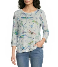 Ali Miles Petite Size Dragonfly Print Round Neck 3/4 Sleeve High Low Hem Top