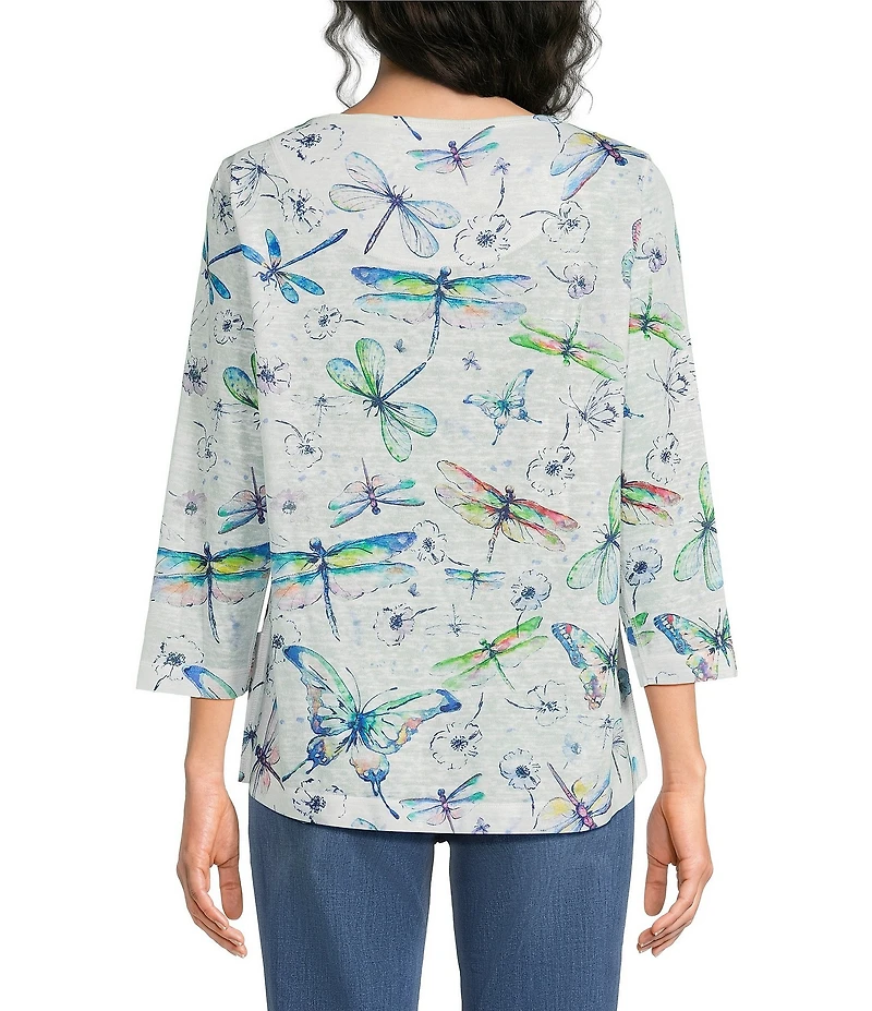 Ali Miles Petite Size Dragonfly Print Round Neck 3/4 Sleeve High Low Hem Top
