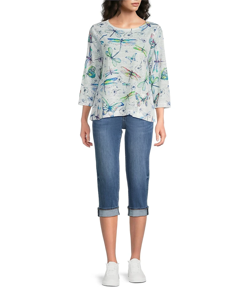 Ali Miles Petite Size Dragonfly Print Round Neck 3/4 Sleeve High Low Hem Top