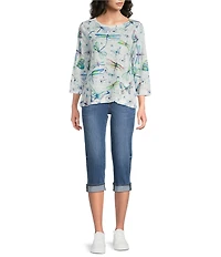 Ali Miles Petite Size Dragonfly Print Round Neck 3/4 Sleeve High Low Hem Top