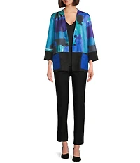 Ali Miles Petite Size Faux Suede Abstract 3/4 Sleeve Button Front Jacket