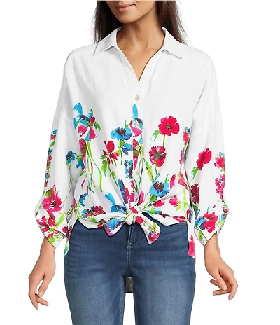 Ali Miles Petite Size Floral Border Print Point Collar Long Roll-Tab Sleeve Tie Front Shirt