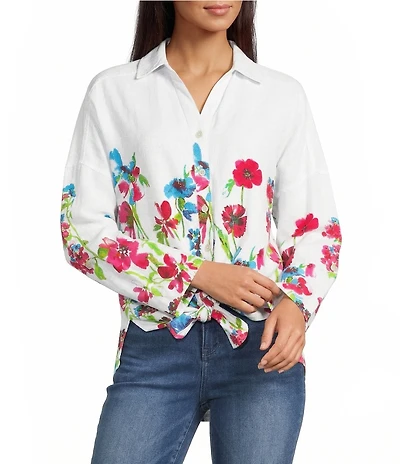 Ali Miles Petite Size Floral Border Print Point Collar Long Roll-Tab Sleeve Tie Front Shirt