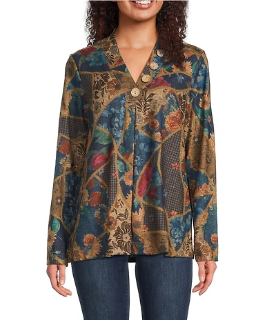 Ali Miles Petite Size Floral Geometric Tapestry Print V-Neck Long Sleeve Knit Tunic