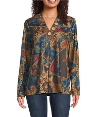 Ali Miles Petite Size Floral Geometric Tapestry Print V-Neck Long Sleeve Knit Tunic