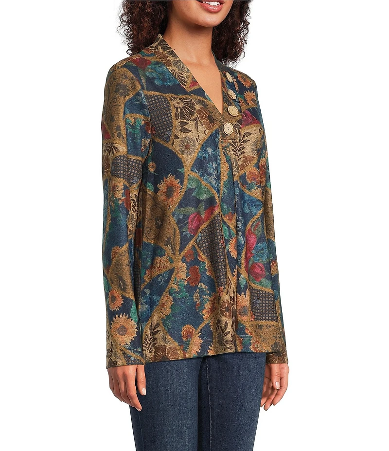 Ali Miles Petite Size Floral Geometric Tapestry Print V-Neck Long Sleeve Knit Tunic