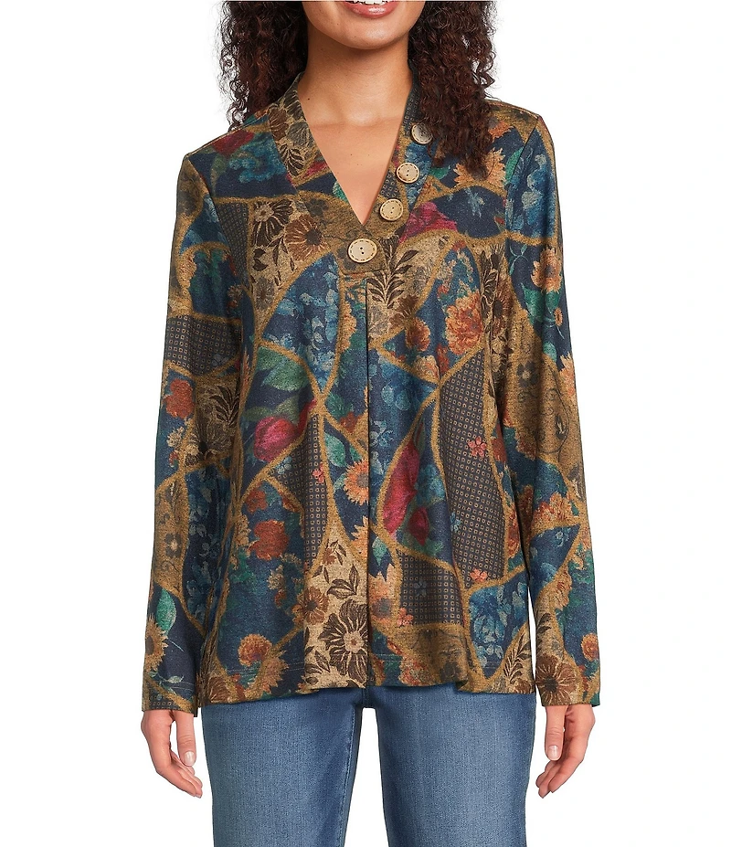 Ali Miles Petite Size Floral Geometric Tapestry Print V-Neck Long Sleeve Knit Tunic