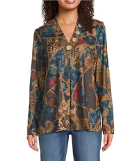 Ali Miles Petite Size Floral Geometric Tapestry Print V-Neck Long Sleeve Knit Tunic