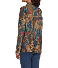 Ali Miles Petite Size Floral Geometric Tapestry Print V-Neck Long Sleeve Knit Tunic