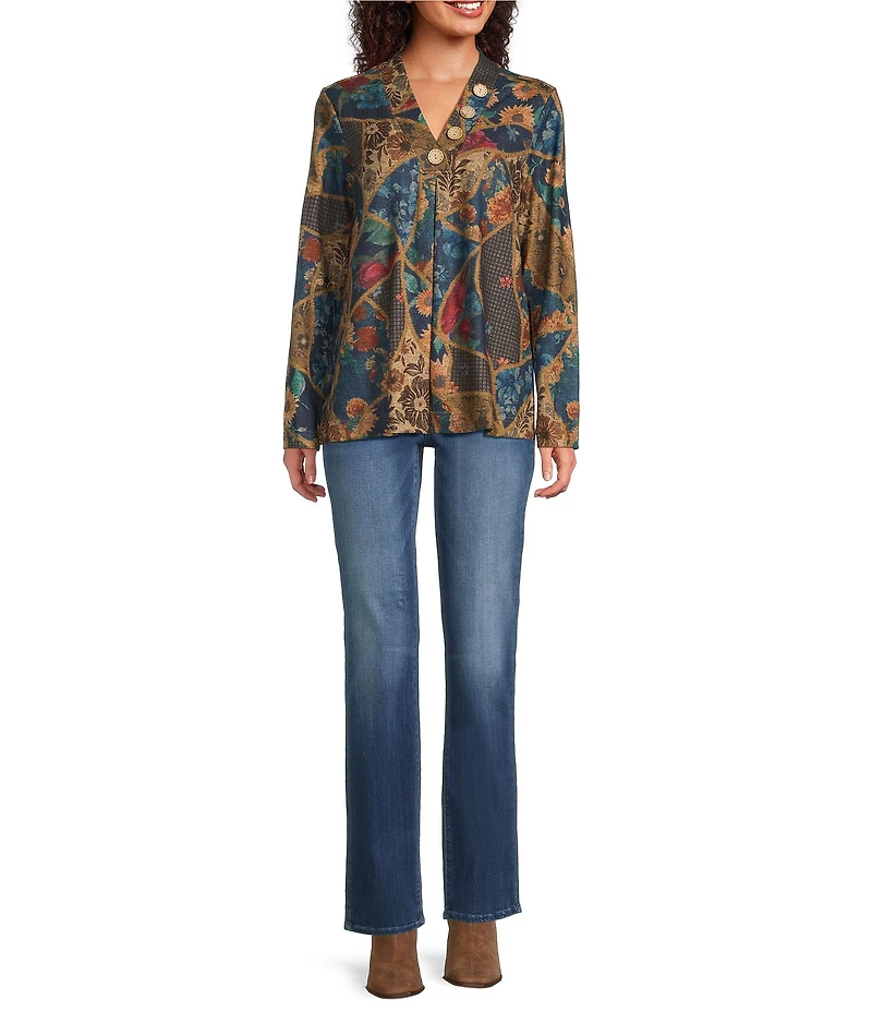 Ali Miles Petite Size Floral Geometric Tapestry Print V-Neck Long Sleeve Knit Tunic