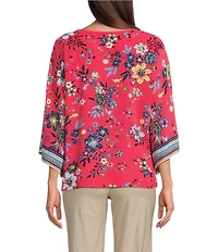 Ali Miles Petite Size Floral Print V-Neck 3/4 Sleeve Front Tie Tunic