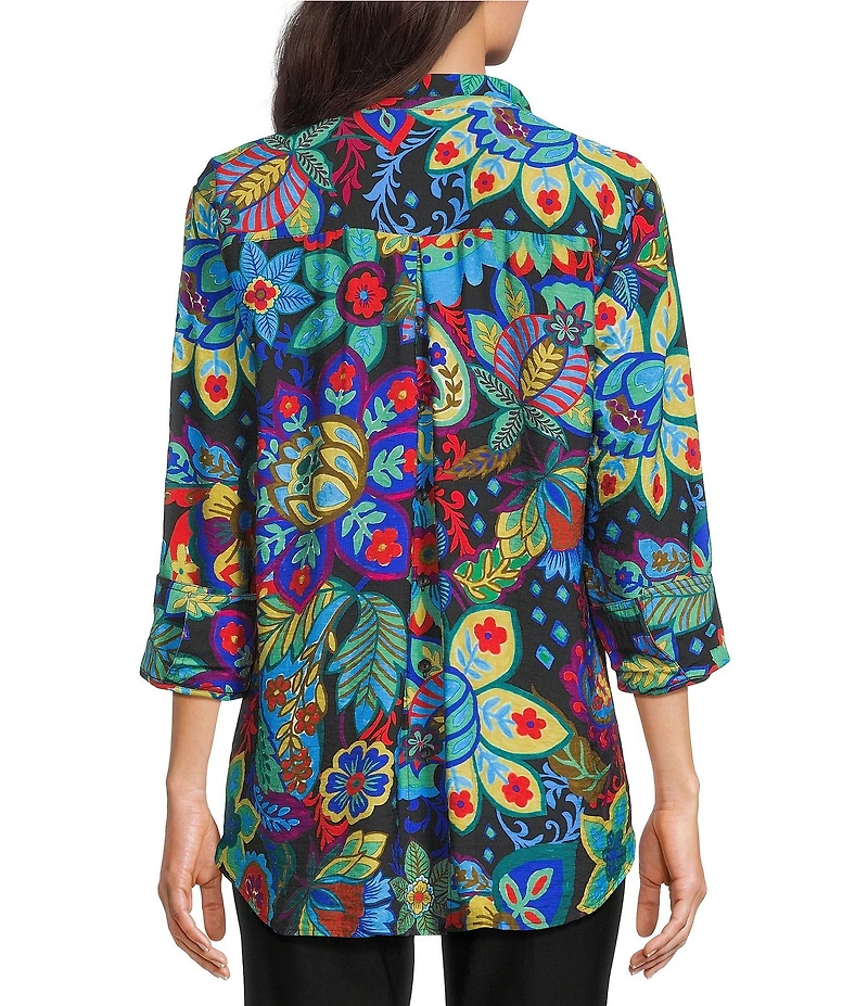 Ali Miles Petite Size Floral Wire Collar 3/4 Sleeve Button Front Tunic
