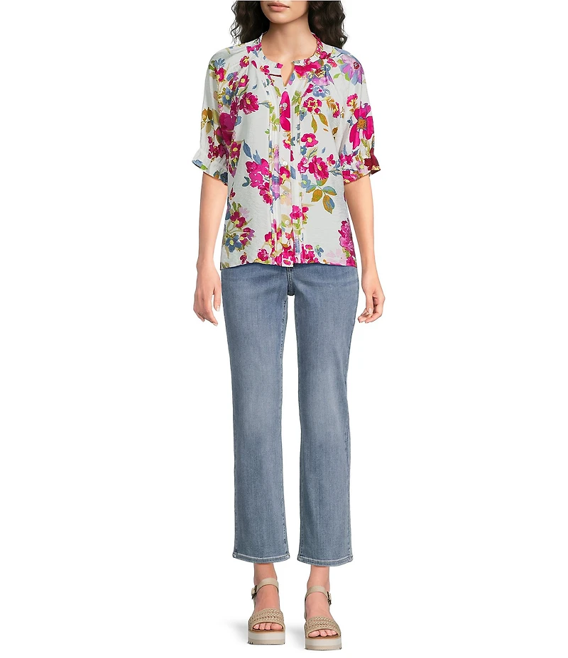 Ali Miles Petite Size Floral Y-Neck Elbow Ruffle Sleeve Button Front Tunic