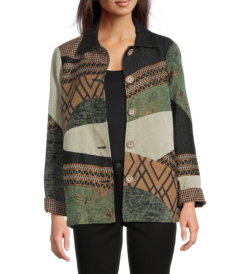 Ali Miles Petite Size Geometric Patchwork Point Collar Long Sleeve Embroidered Trim Button-Front Jacket