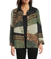 Ali Miles Petite Size Geometric Patchwork Point Collar Long Sleeve Embroidered Trim Button-Front Jacket