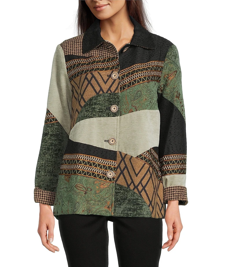 Ali Miles Petite Size Geometric Patchwork Point Collar Long Sleeve Embroidered Trim Button-Front Jacket