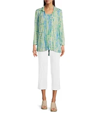 Ali Miles Petite Size Green Abstract Print Button Front Tank Set