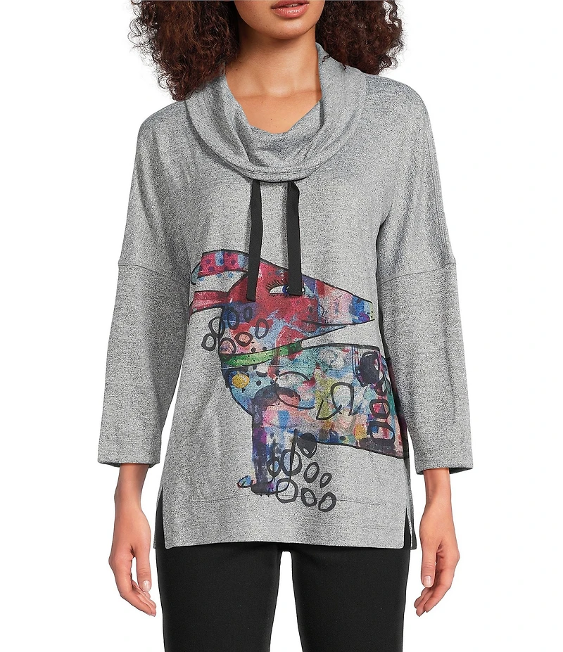 Ali Miles Petite Size Hatchi Knit Novelty Dog Print Cowl Neck 3/4 Sleeve Tunic