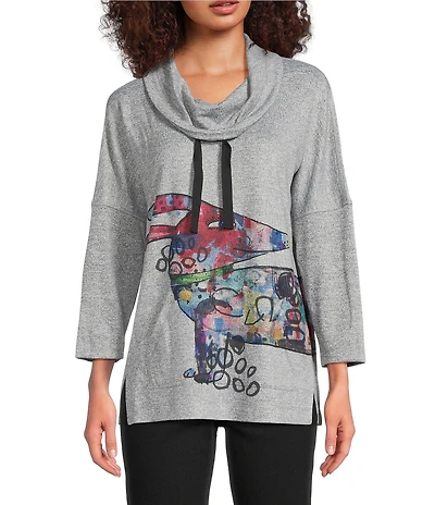 Ali Miles Petite Size Hatchi Knit Novelty Dog Print Cowl Neck 3/4 Sleeve Tunic