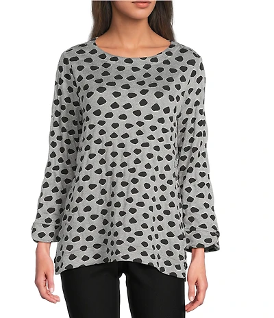 Ali Miles Petite Size Jacquard Knit Dotted Round Neck 3/4 Sleeve Tunic