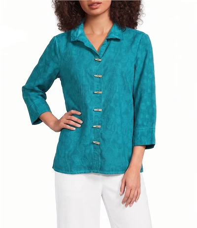Ali Miles Petite Size Jacquard Textured Paisley Print Wire Collar 3/4 Sleeve Button-Front Shirt