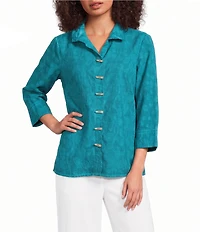 Ali Miles Petite Size Jacquard Textured Paisley Print Wire Collar 3/4 Sleeve Button-Front Shirt