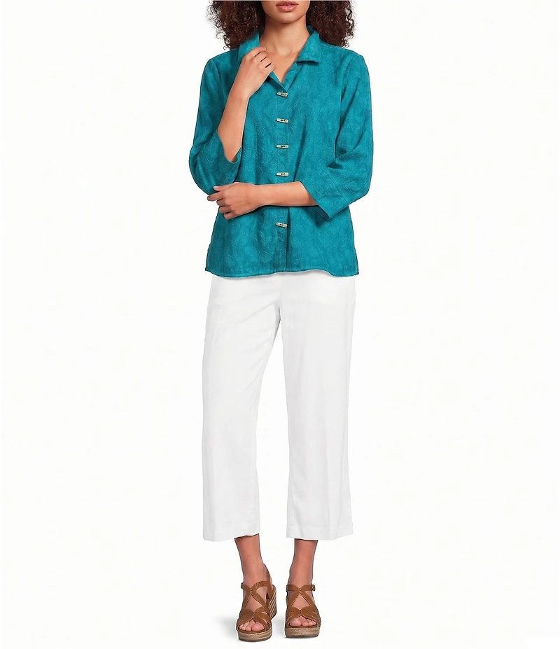 Ali Miles Petite Size Jacquard Textured Paisley Print Wire Collar 3/4 Sleeve Button-Front Shirt