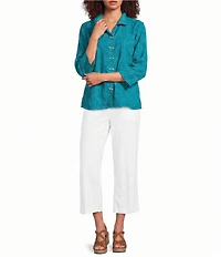 Ali Miles Petite Size Jacquard Textured Paisley Print Wire Collar 3/4 Sleeve Button-Front Shirt