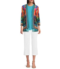 Ali Miles Petite Size Knit Abstract Floral 3/4 Sleeve Open-Front Cardigan