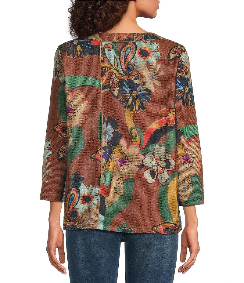 Ali Miles Petite Size Knit Abstract Floral Round Neck 3/4 Sleeve Tunic