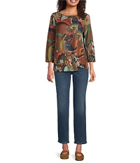 Ali Miles Petite Size Knit Abstract Floral Round Neck 3/4 Sleeve Tunic