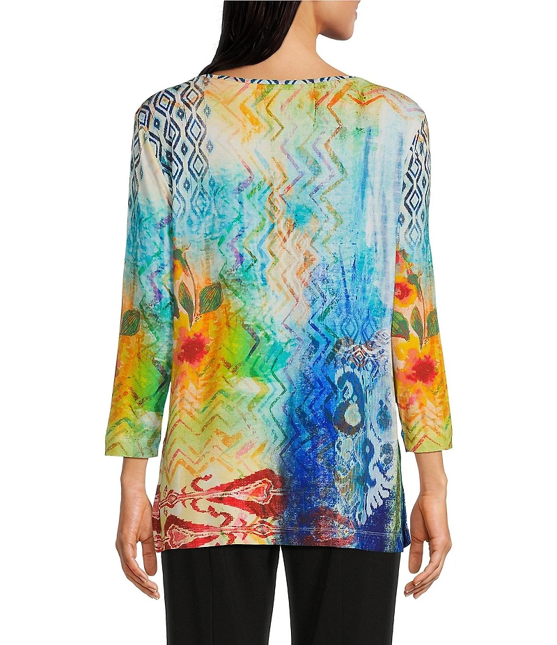 Ali Miles Petite Size Knit Abstract Print Boat Neck 3/4 Sleeve Top
