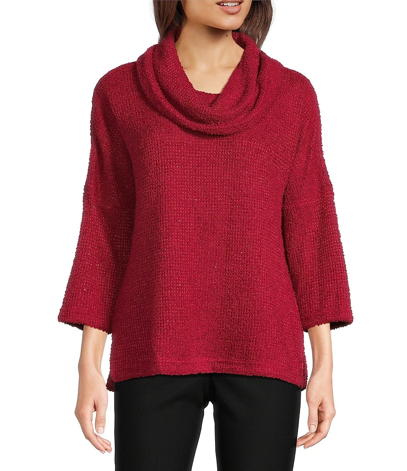 Ali Miles Petite Size Knit Cowl Neck 3/4 Dolman Sleeve Back Button Detail Tunic