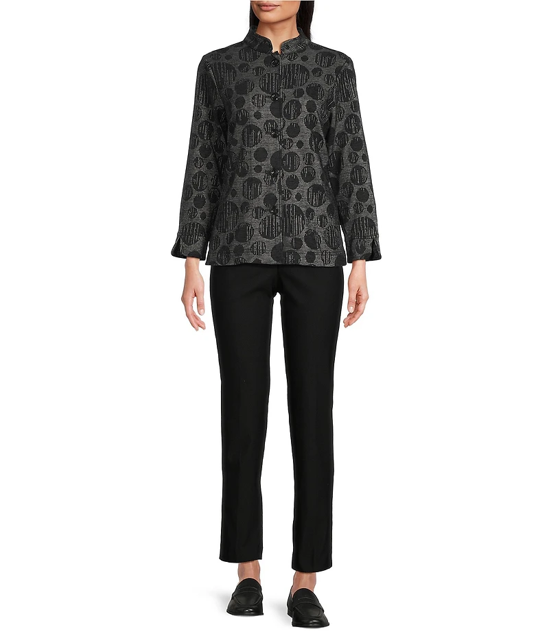 Ali Miles Petite Size Knit Jacquard All Over Dots Stand Collar Long Sleeve Button Front Tunic