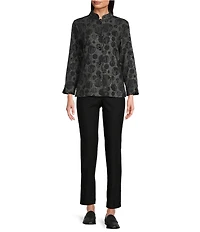 Ali Miles Petite Size Knit Jacquard All Over Dots Stand Collar Long Sleeve Button Front Tunic