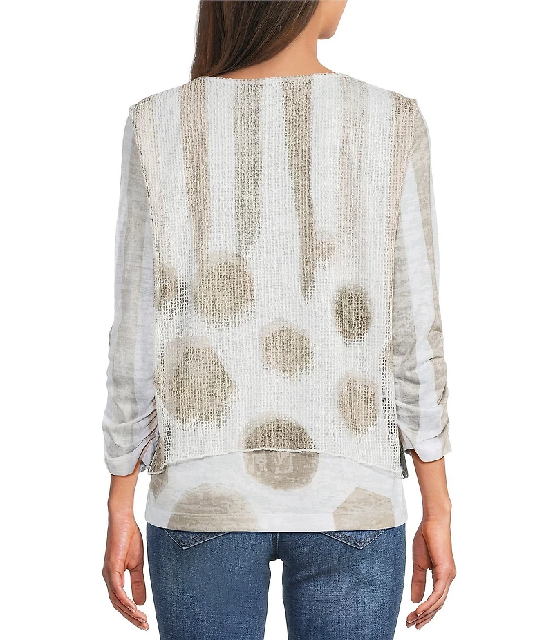 Ali Miles Petite Size Knit Mesh Overlay Striped Dotted Round Neck 3/4 Cinched Sleeve Top